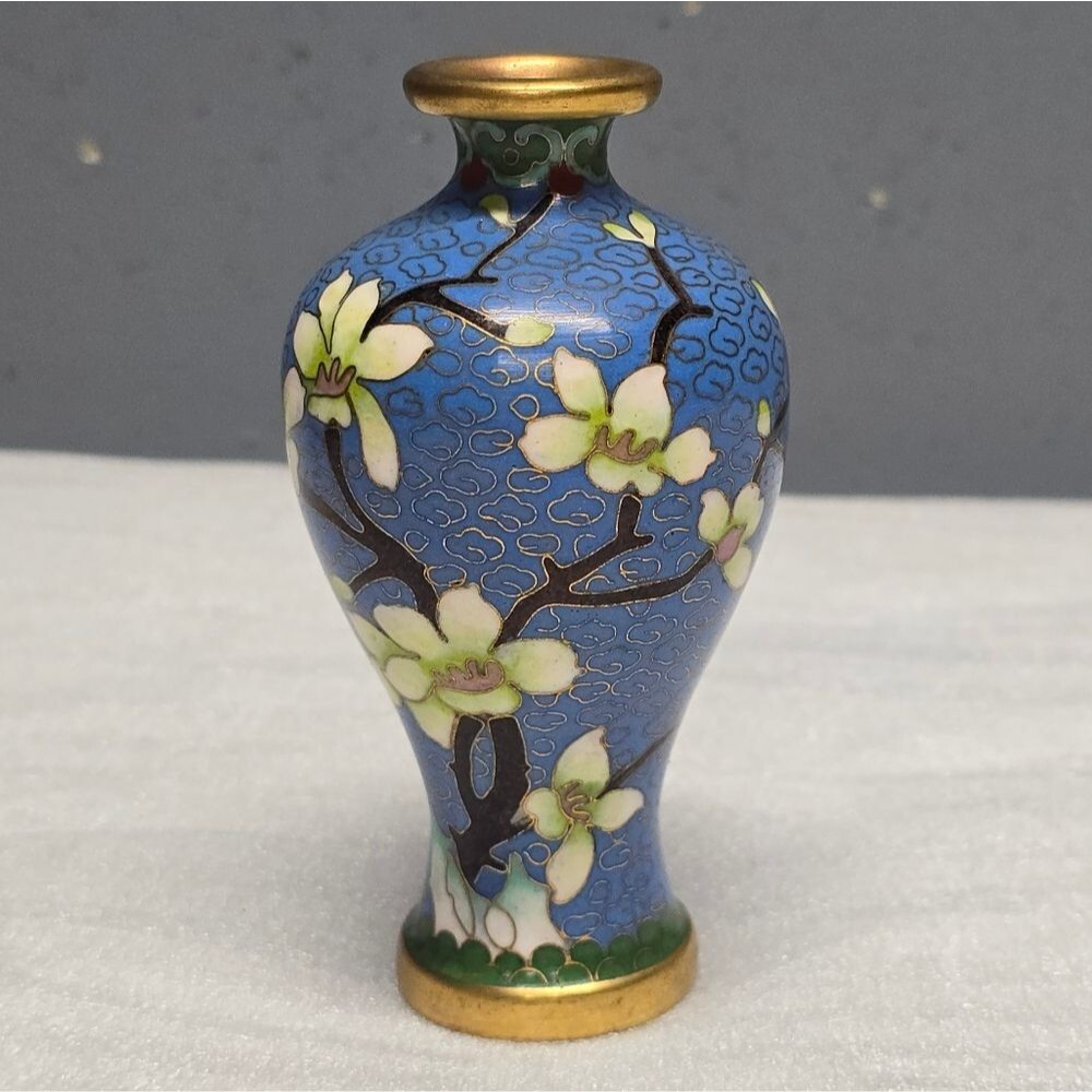Cloisonne Cherry Blossom Flowers With Bird Blue Vintage Chinese Mini Vase - Picture 1 of 10